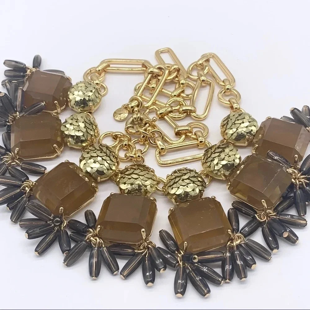 J. Crew Brown Jeweled Gold Sequin Necklace